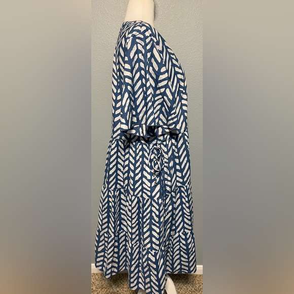 Adrift Blue Herringbone Tiered Swing Dress Babydoll Boho Prairie Cottagecore 2XL - Picture 4 of 7